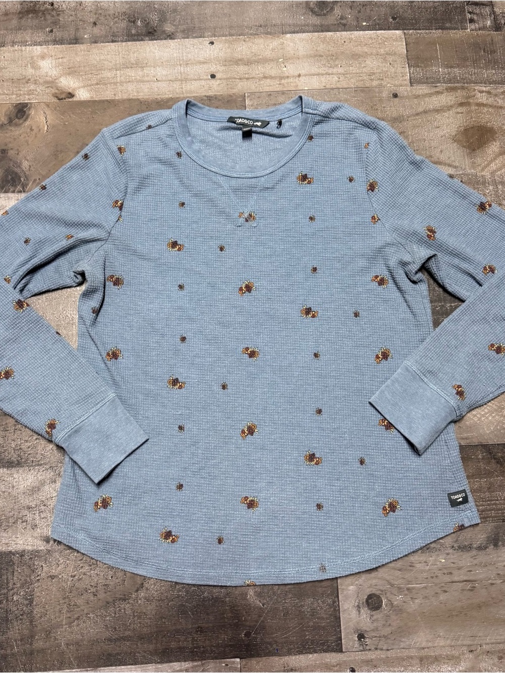 Toad&Co Foothill Floral Waffle Knit Thermal Top Blue Organic Cotton L